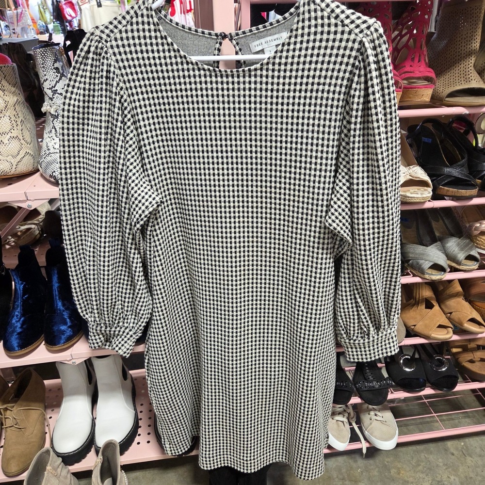 Free Assembly Womens Dress L Black White Gingham Check Mini Long Sleeve